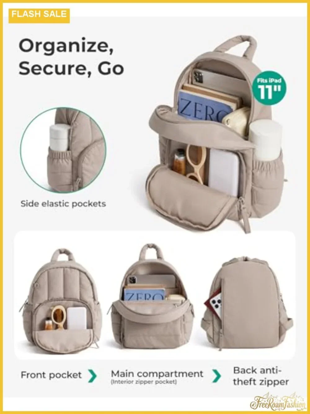 Mini Quilted Puffer Backpack for Women, Water-Resistant Daypack with Anti-Theft